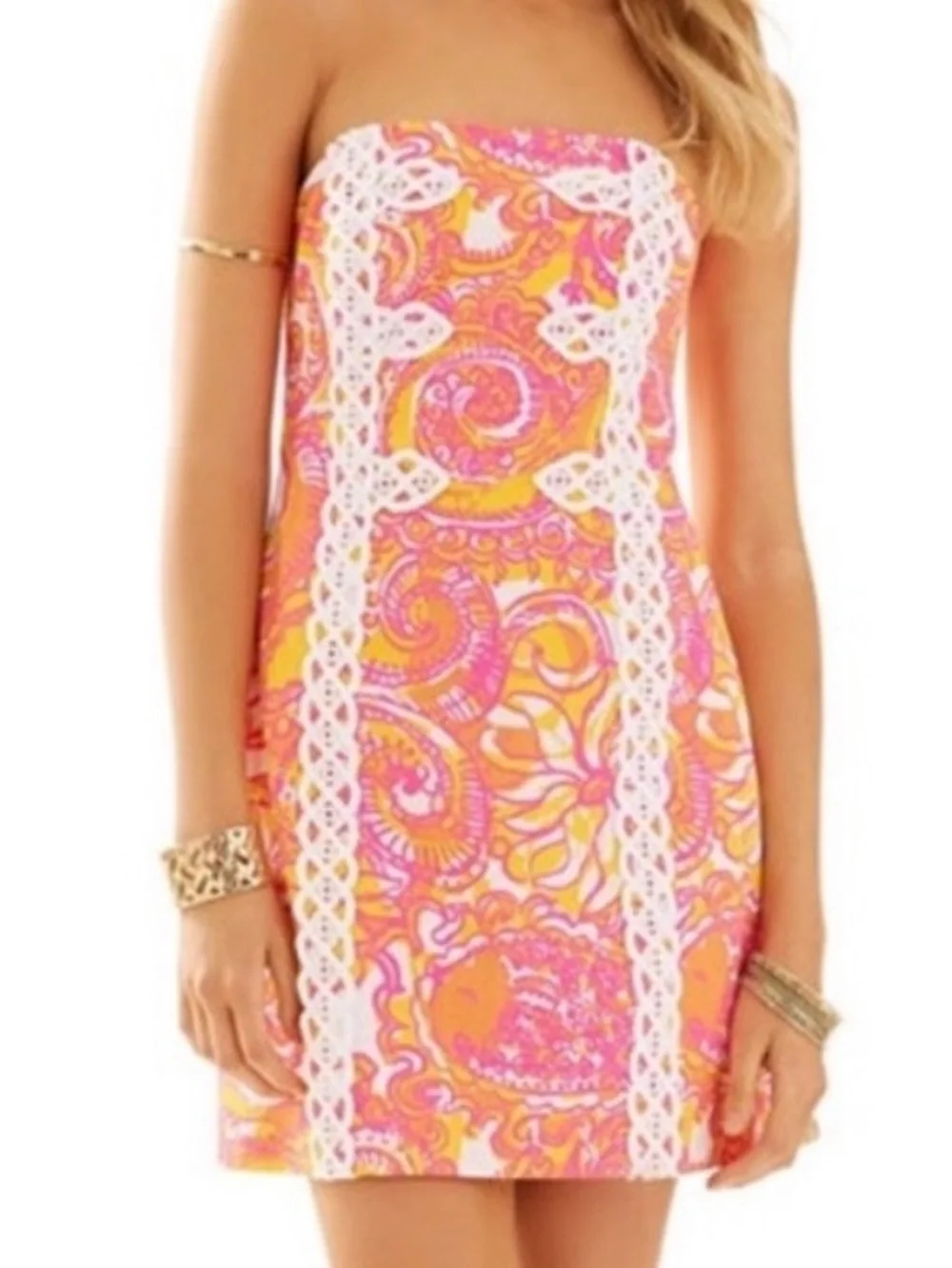 Lilly Pulitzer Strapless Pink and Orange Paisley Dress Size 4 pre-owned - Picture 1 of 7